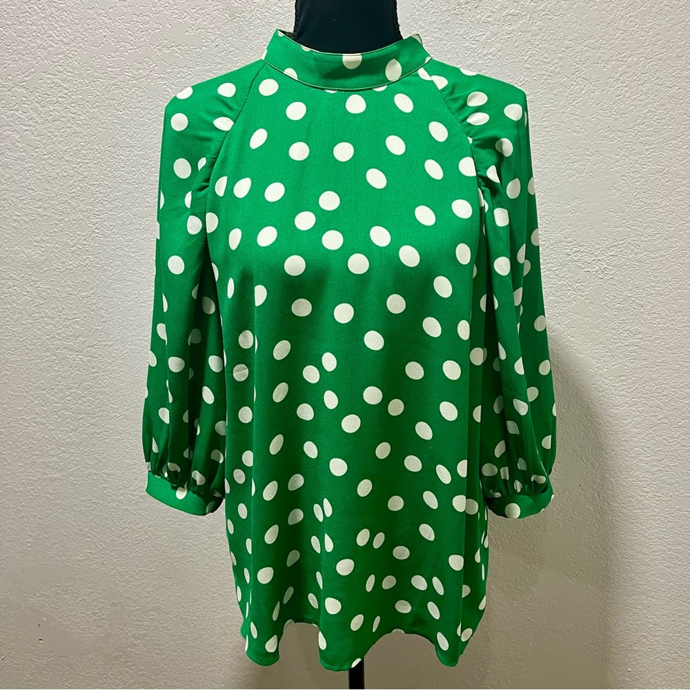 Halogen Green and White Polka Dot Puff Sleeve Blouse